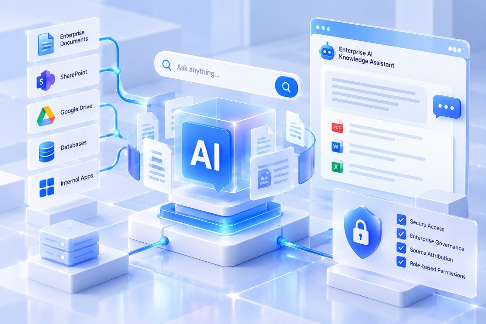 Enterprise AI Knowledge Assistant connected to documents, SharePoint, Google Drive, and databases